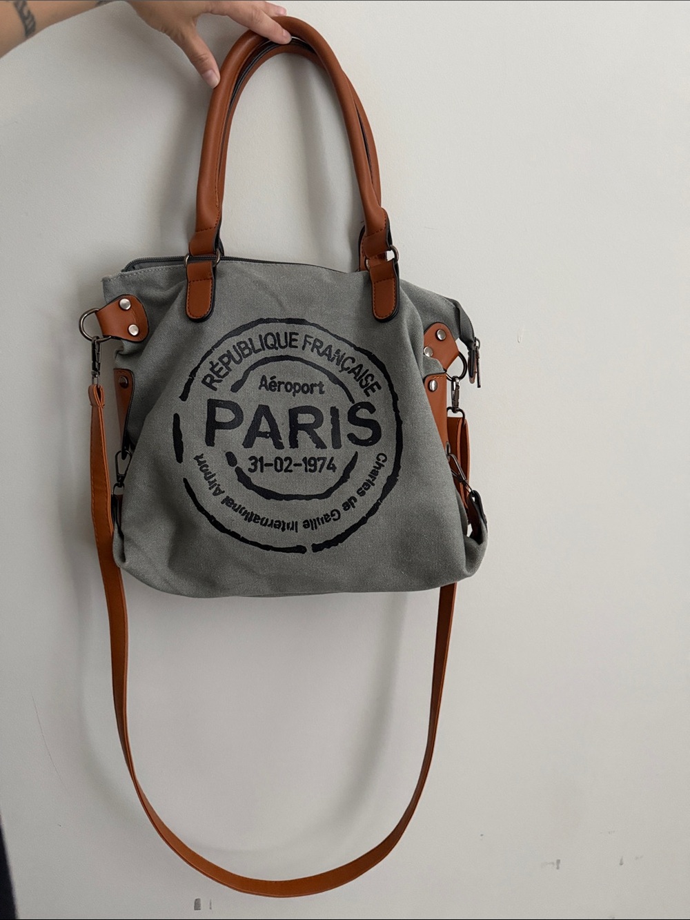 Paris Stamp Canvas Tote Over The Shoulder with Tan Leather Accents